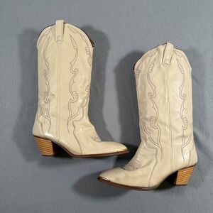 Acme Vintage Womens Cream Leather Western Cowboy Boots Gold Toe Size 9M 665001